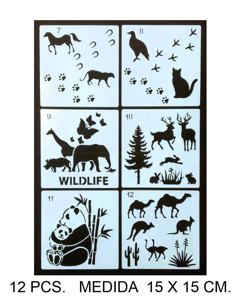 PACK X 12 STENCIL ANIMALES PACK X 12 SURTIDOS MEDIDA 15 X 15 CM.