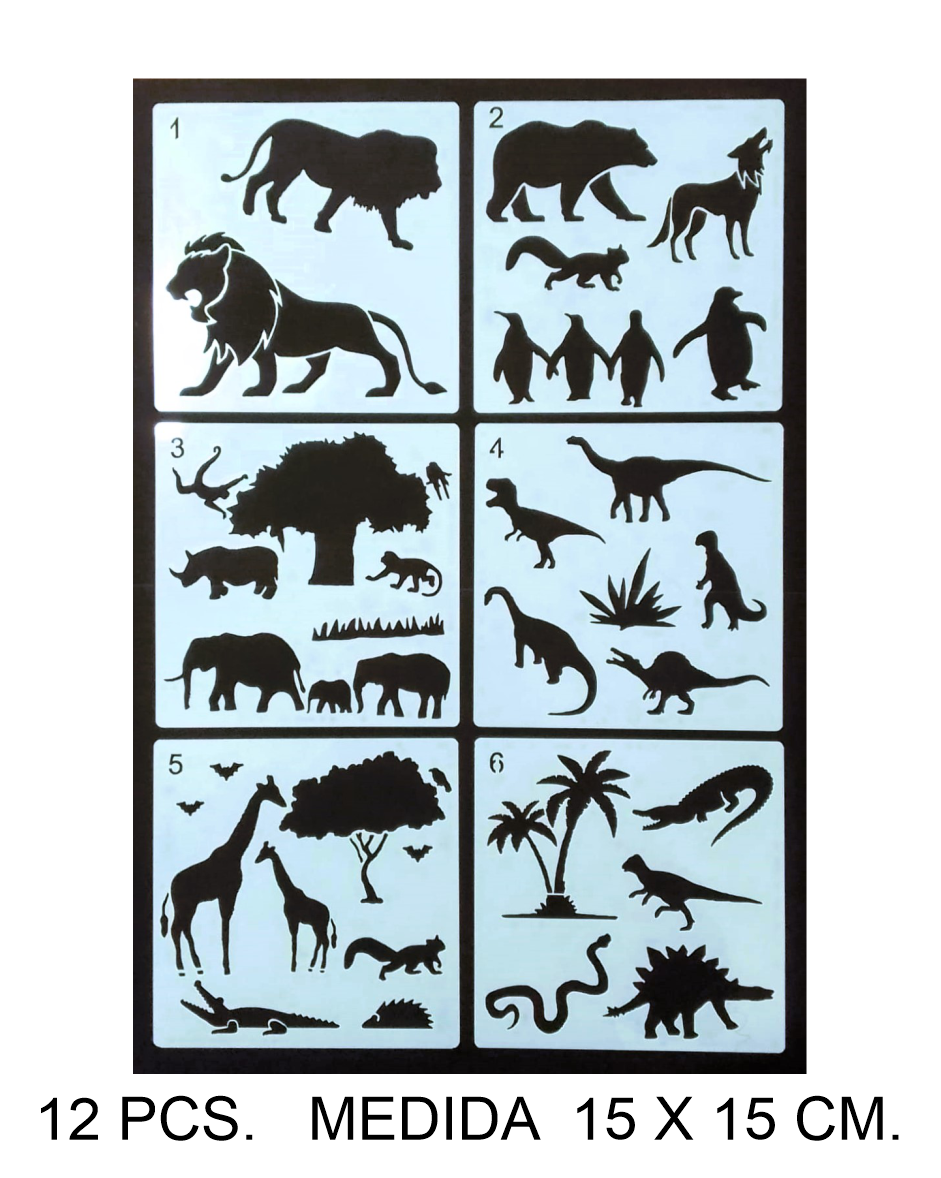 PACK X 12 STENCIL ANIMALES PACK X 12 SURTIDOS MEDIDA 15 X 15 CM.